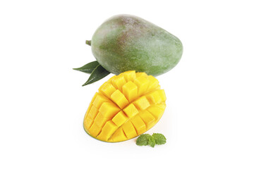 Fresh Sichuan Panzhihua Mango Whole and Sliced with Golden Flesh Cubes on White Background