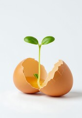 Green Sprout Growing from Broken Brown Eggshell on White Background