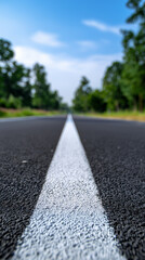 Fototapeta premium Low angle view of empty asphalt road with white center line. 