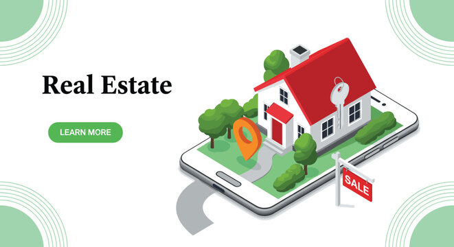 Real estate cartoon illustration, mobile property listing, house for sale, location pin vector for housing, rent, and agent content