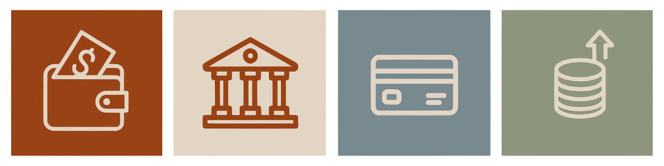 Financial Icons Wallet, Bank, Credit Card, and Coins for Finance and Business Concepts