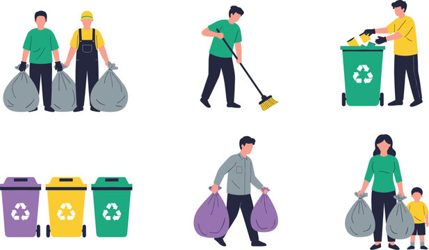 Recycling and waste management cartoon set, cleanup teamwork, garbage sorting, eco-friendly habits, community action vector illustration for sustainability content