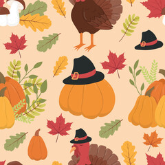 Thanksgiving day colorful seamless pattern with turkey in pilgrim hat, pumpkins and leaves. Seamless pattern for textile, wrapping paper. Vector illustration	