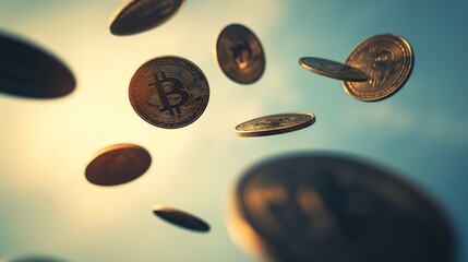 exchange. An abstract representation of financial growth with floating coins and upward arrows on a gradient background. pitch deck slides.