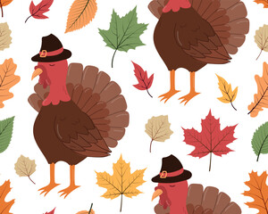Thanksgiving seamless pattern with cute turkey and autumn elements. Seamless pattern for textile, wrapping paper. Vector illustration	