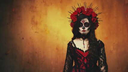 portrait glamour woman sugar skull make-up on face eyes red lips roses flowers in hair, black dress. Halloween costume holiday body art. Fashion model Sexy Girl Calavera. day of the dead santa muerte