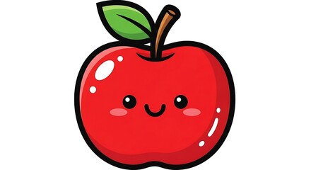 Cute cartoon red apple with a happy face and green leaf