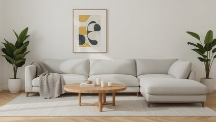 Bright, airy living room featuring a neutral sectional, round wooden table, and abstract artwork.