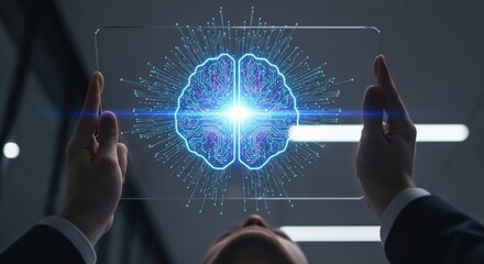 Man interacting with a digital brain interface.