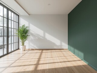 An empty modern room with a wooden floor, a green accent wall, and a large plant in the sunlight.