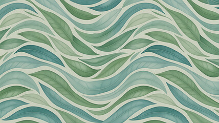 Watercolor leaf pattern with wavy lines in shades of blue and green tones
