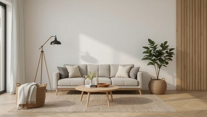 Bright, neutral living room featuring a sofa, round table, plant, and decor in a cozy setting.