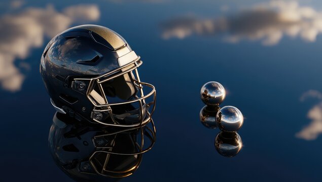 A black football helmet with gold accents rests on a reflective surface, beside two metallic spheres, under a dramatic sky