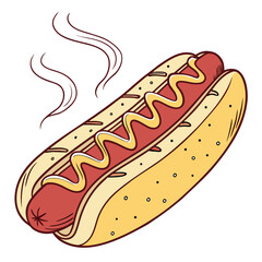Cartoon hot dog with mustard and steam