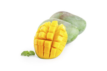 Fresh Panzhihua Sichuan Mango Sliced and Diced on White Background