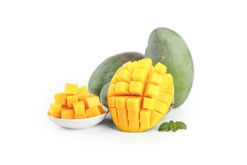 Fresh Ripe Mango Fruits with Diced Pieces and Mint on White Background
