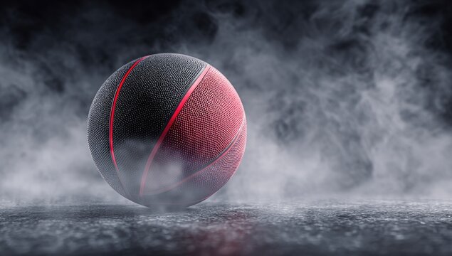 A dark grey and red textured basketball rests on a smoky, dark grey concrete surface, subtly illuminated