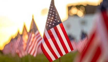Close-up of American flags at sunset, a Veterans Day Tribute, shallow depth of field, patriotic red and white colors, outdoors.
