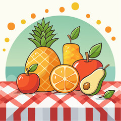Pixel Art Still Life of Assorted Fruits on Gingham Tablecloth