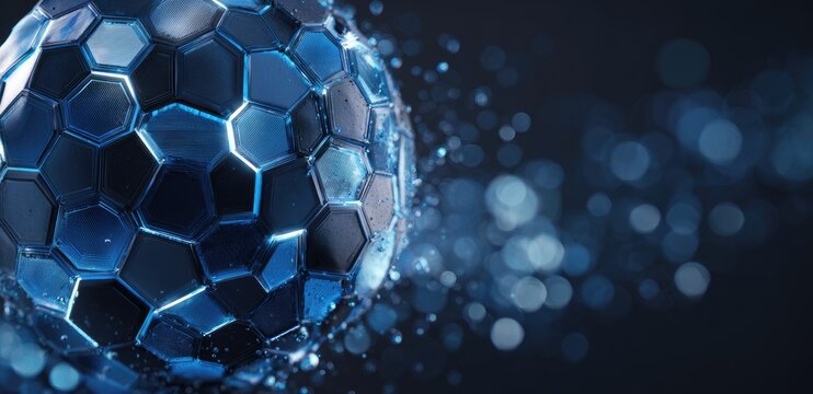 A dark-blue, hexagonal sphere disintegrates, leaving a trail of shimmering particles against a blurred background