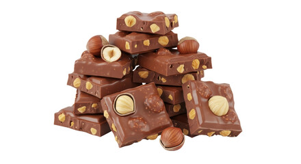 Isolated pile of delicious chocolate with hazelnuts in detail and close view for snack