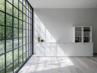 A bright, minimalist room with a large window overlooking a forest, with light wood floors and white furniture.