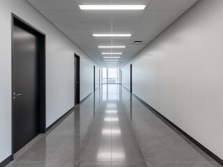 Obraz premium A long, empty modern corridor with a reflective floor, white walls, and black doors.