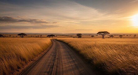 Obraz premium Golden Savannah Sunset Over a Winding Dirt Road Towards Distant Acacia Trees Under a Vast Sky