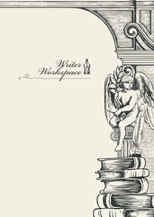 Obraz premium Vector banner on the theme of writers with space for text. Writer's workplace. Vintage page with hand-drawn books, typewriter, antique architecture and sitting angel.
