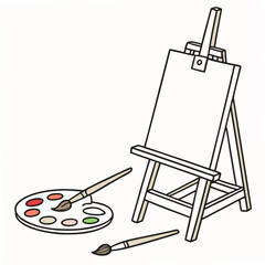 Artists easel with paint palette and brushes