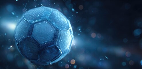 A glowing, icy blue soccer ball suspended in motion, surrounded by a dark blue, bokeh-filled background