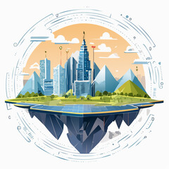 Modern Cityscape Floating on Water with Mountains and a Circular Frame