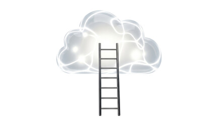 Isolated silver ladder reaching toward a puffy cloud suggesting access to cloud computing