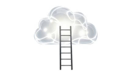 Isolated silver ladder reaching toward a puffy cloud suggesting access to cloud computing