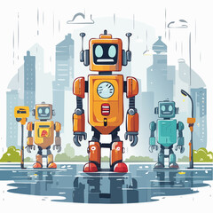 Three Retro Robots in City Rain