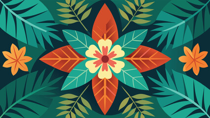 Intricate Floral and Leaf Pattern in Teal, Orange, and Red Hues leaves symmetrical