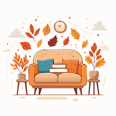 Cozy Autumn Living Room with Orange Sofa and Fall Leaves