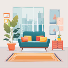 Modern Living Room Interior Design with Teal Sofa and City View