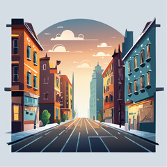 City Street at Sunset Pixel Art Illustration