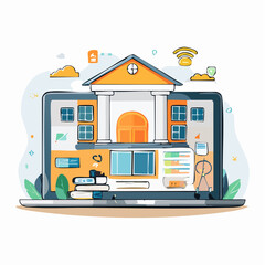 Online School Building Laptop Screen Illustration