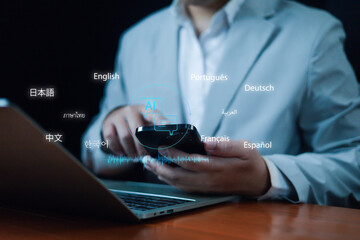 Businessman using AI translation on smartphone with multiple languages, digital communication, multilingual technology, real time speech recognition, and artificial intelligence in business.
