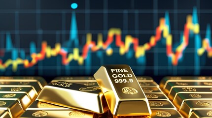 view of several gold bars  with a stock market chart in the background showing fluctuating price trends