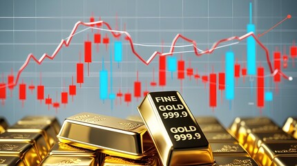 view of several gold bars  with a stock market chart in the background showing fluctuating price trends