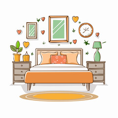 Cozy Bedroom Interior Design with Orange Bed and Wooden Furniture