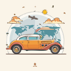 Vintage Orange Classic Car World Travel Illustration