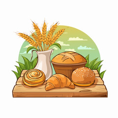 Artisan Breads and Wheat Sheaf on Wooden Table