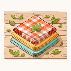 Stack of Folded Fabrics with Green Leaves on Wooden Surface