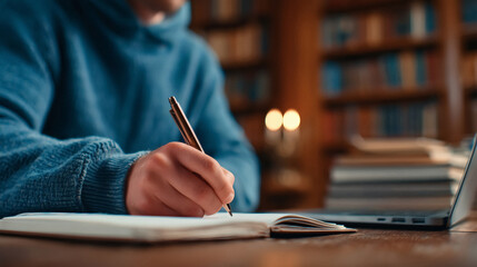 Focused student diligently writing notes in a cozy library with warm ambient lighting and a laptop nearby