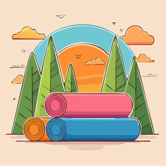 Colorful Rolled Camping Mats at Sunset in the Mountains