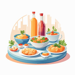 Assortment of Dishes on a Round Tabletop with Bottles